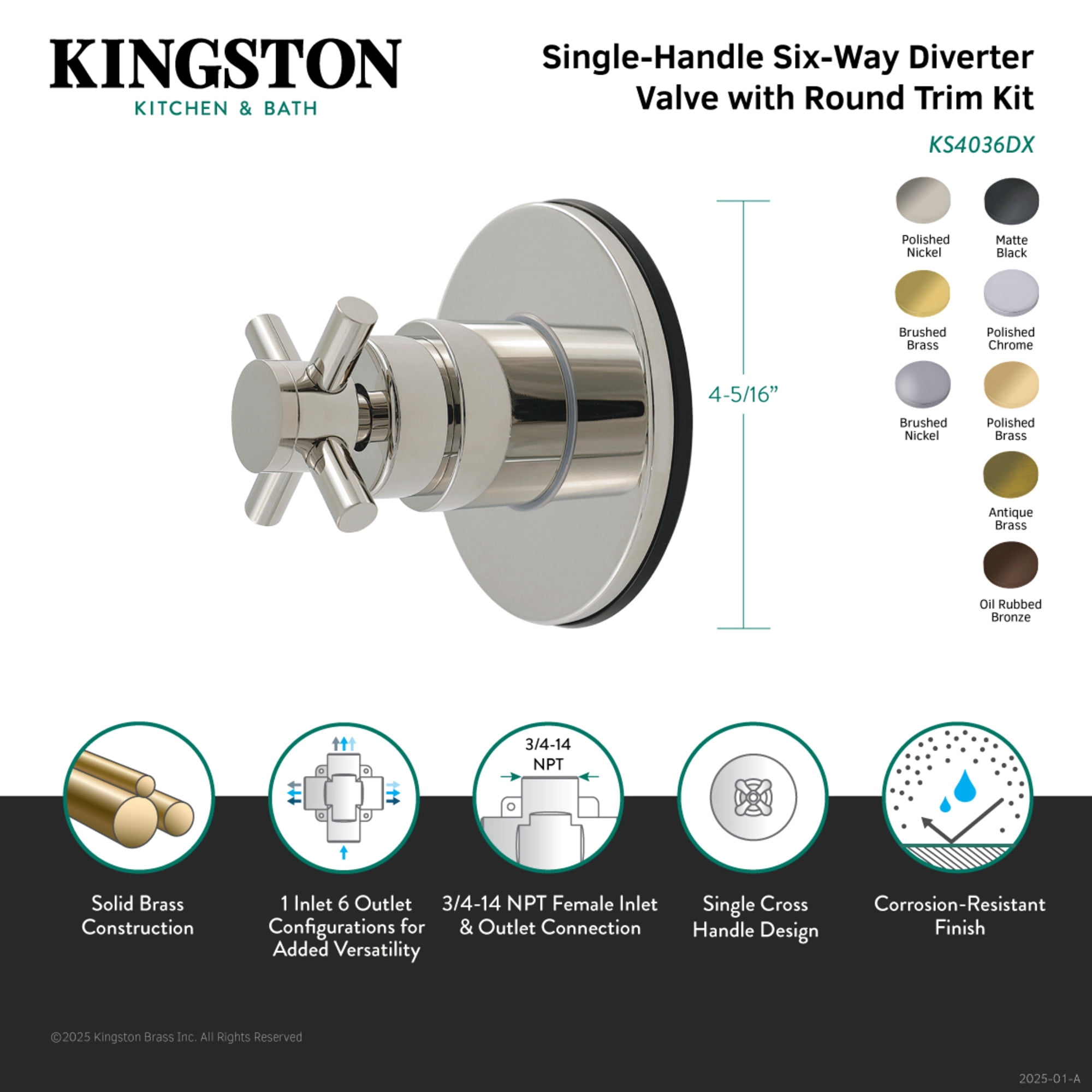 Kingston Brass KS4035DX Concord Single-Handle Six-Way Diverter Valve with Round Trim Kit in Oil Rubbed Bronze