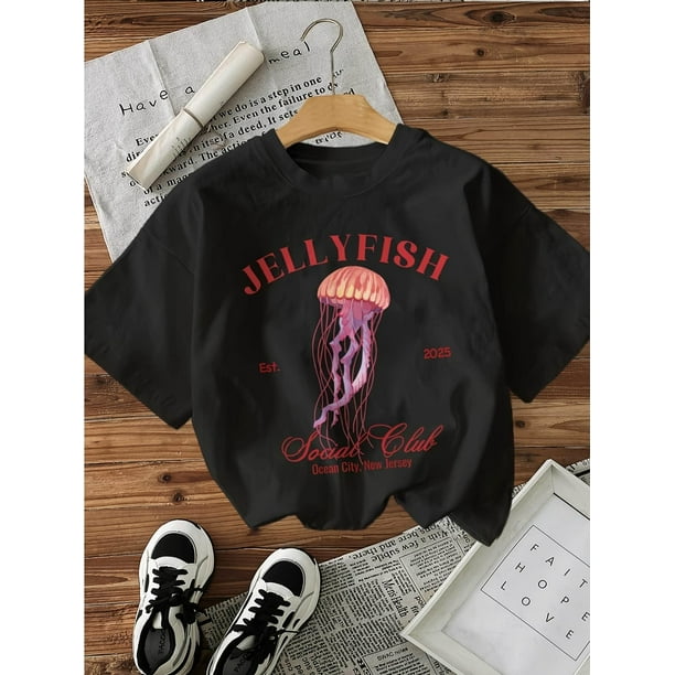 Women's Jellyfish Graphic Print T-Shirt - 100% Cotton Lightweight 220gsm Crew Neck Short Sleeve Top with Social Club Lettering & Pink Jellyfish Design, Casual Summer Spring Tee, Machine Washable