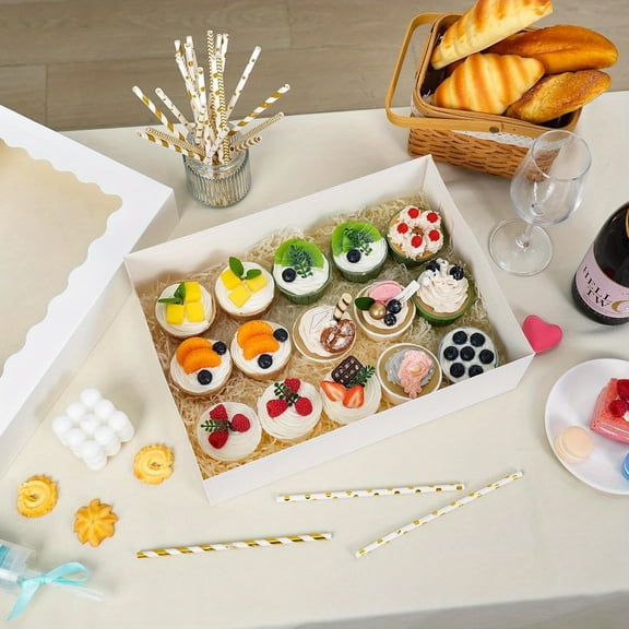 10-Pack 19x14x4 Inch White Bakery Cake Boxes with Clear Window, Eco-Friendly Food-Grade Cardboard Boxes for Donuts, Cookies, Pies and Pastry Packaging