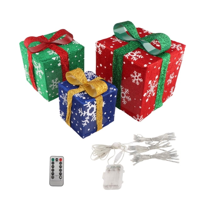 Cajas de regalo iluminadas con LED, decoraciones navideñas con lazo, caja de regalo de Navidad iluminada Cálido