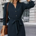 thumbnail image 6 of VEKDONE Women Shirt Dress Long Sleeve V Neck Button Down Mini Dress with Belted Elegant Loose Fit Knee-Length Casual Tunic Dresses with Pocket Navy L, 6 of 7