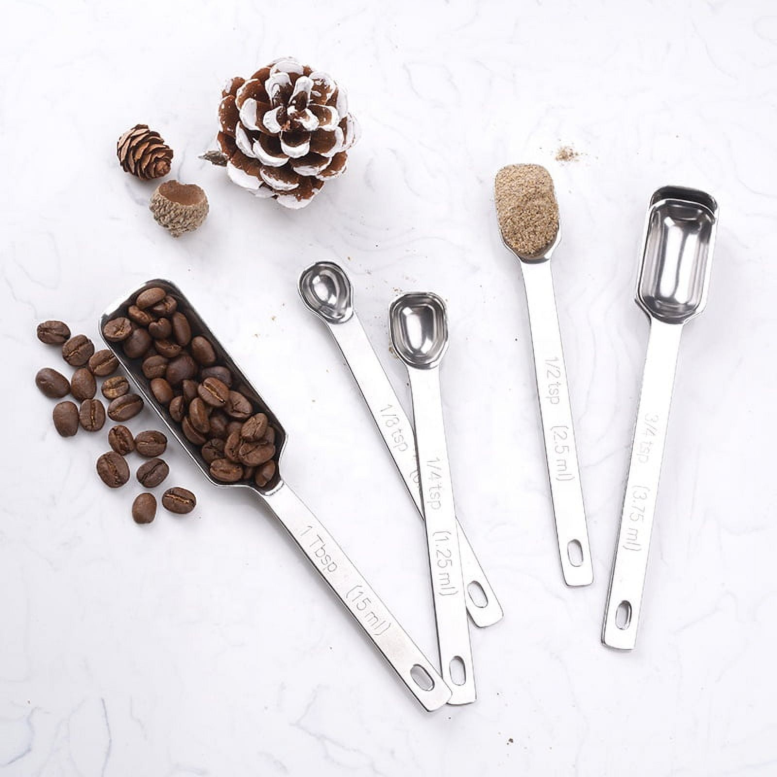 6 Pack Measuring Spoon Set Stainless Steel Narrow Measuring Spoon Square  Heavy Duty Metal Measuring Spoon with Long Handle Scale Mark Removable for
