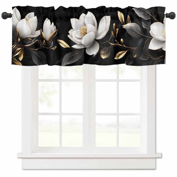 Gorgeous Flowers Valances for Windows Farmhouse Kitchen Curtains Valances Rod Pocket Valance Curtains for Kitchen Windows White Gold Floral Botanicals Black Window Valances for Bathroom 60"x18"