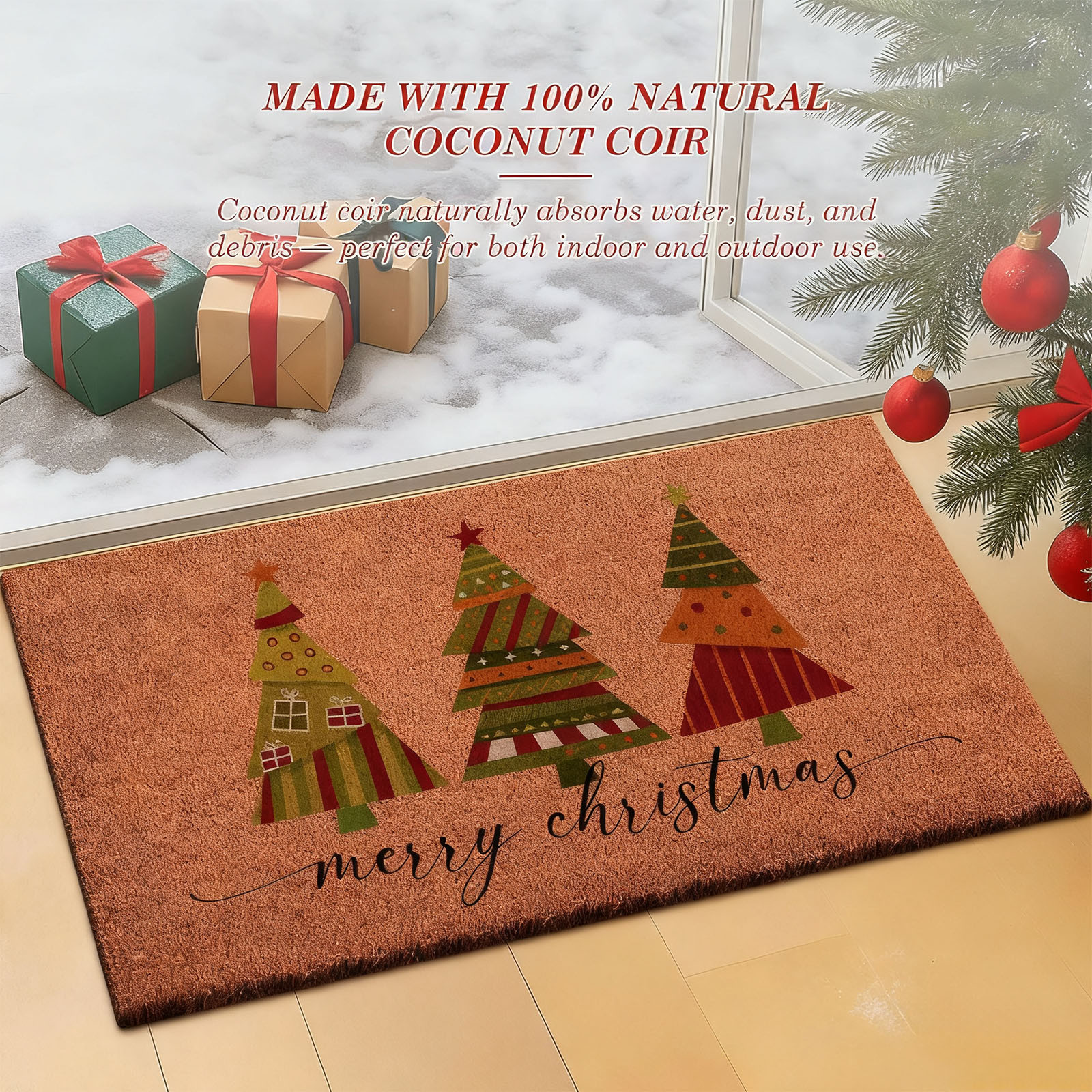 Christmas Welcome Natural Coir Door Mat, Forest Christmas Tree Front Door Outdoor Doormat Outside Entrance Porch Non Slip Rubber Rug Winter Xmas Farmhouse Decor 24*35in M-B