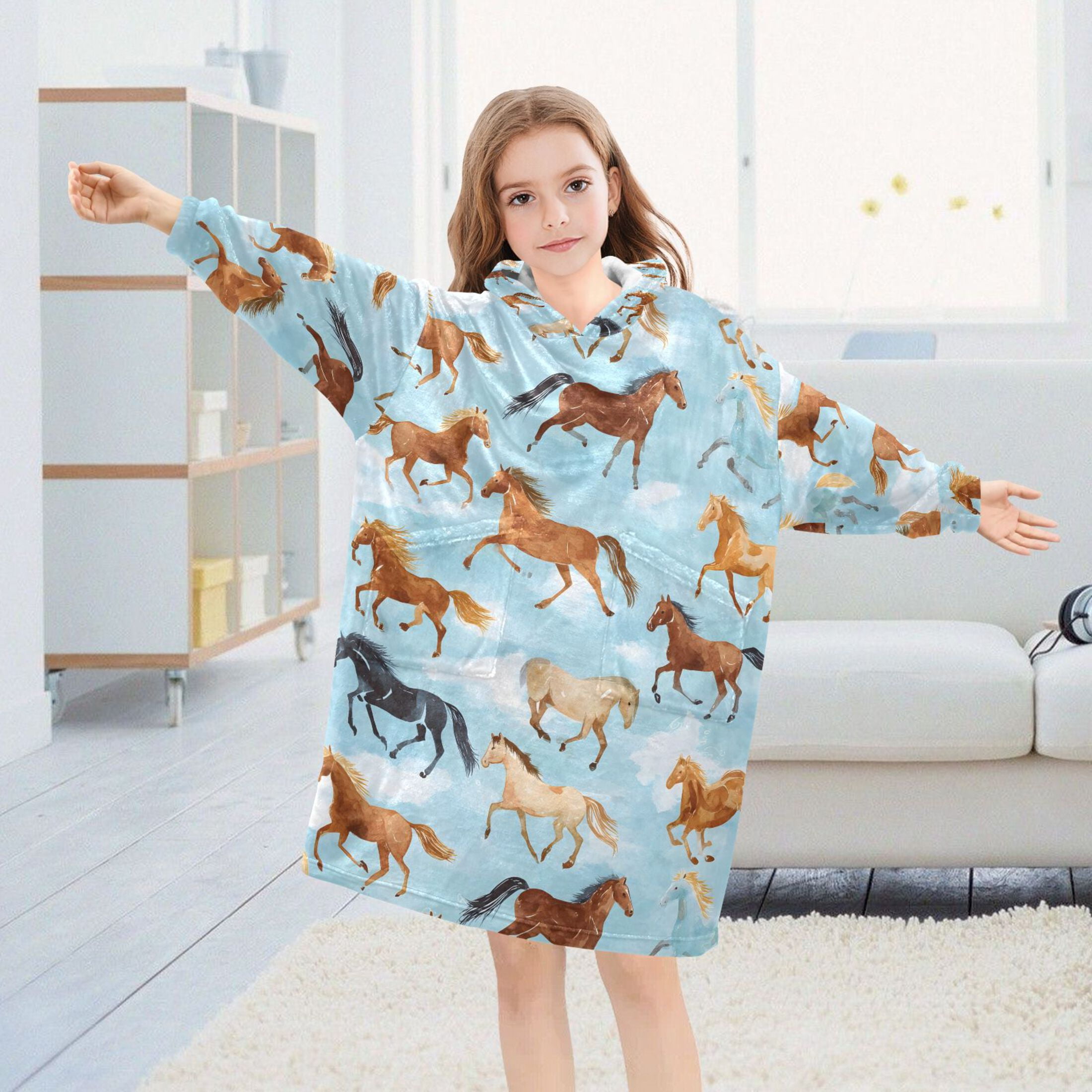 joogoo Wearable Blanket Hoodie for Running Horse Blue Flannel Sherpa Pocket 3-14 YR S