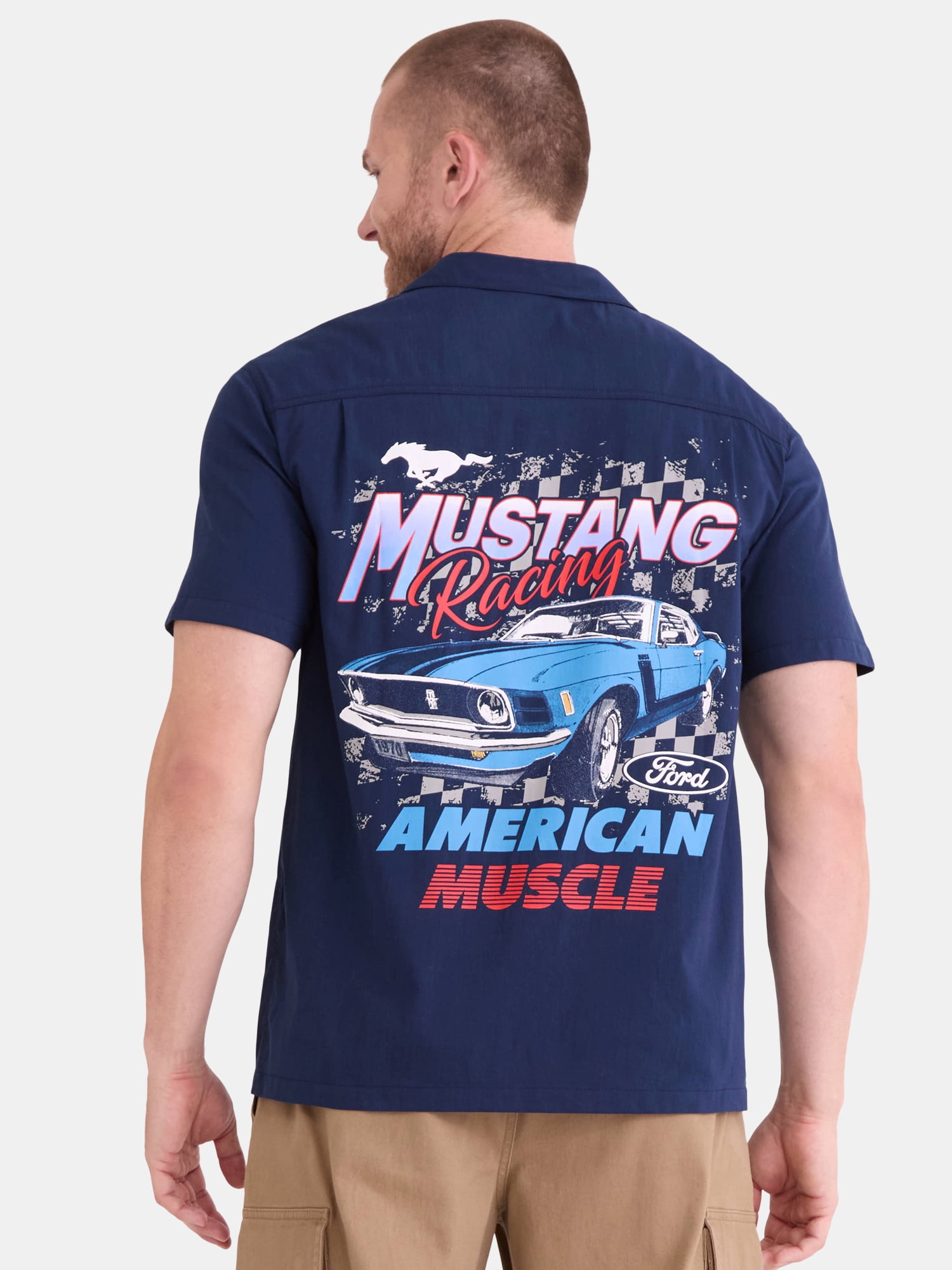 Ford Mustang Men's and Big Men's Front and Back Graphic Button Up Workwear Style Mechanics Shirt with Short Sleeves, Sizes S-3XL