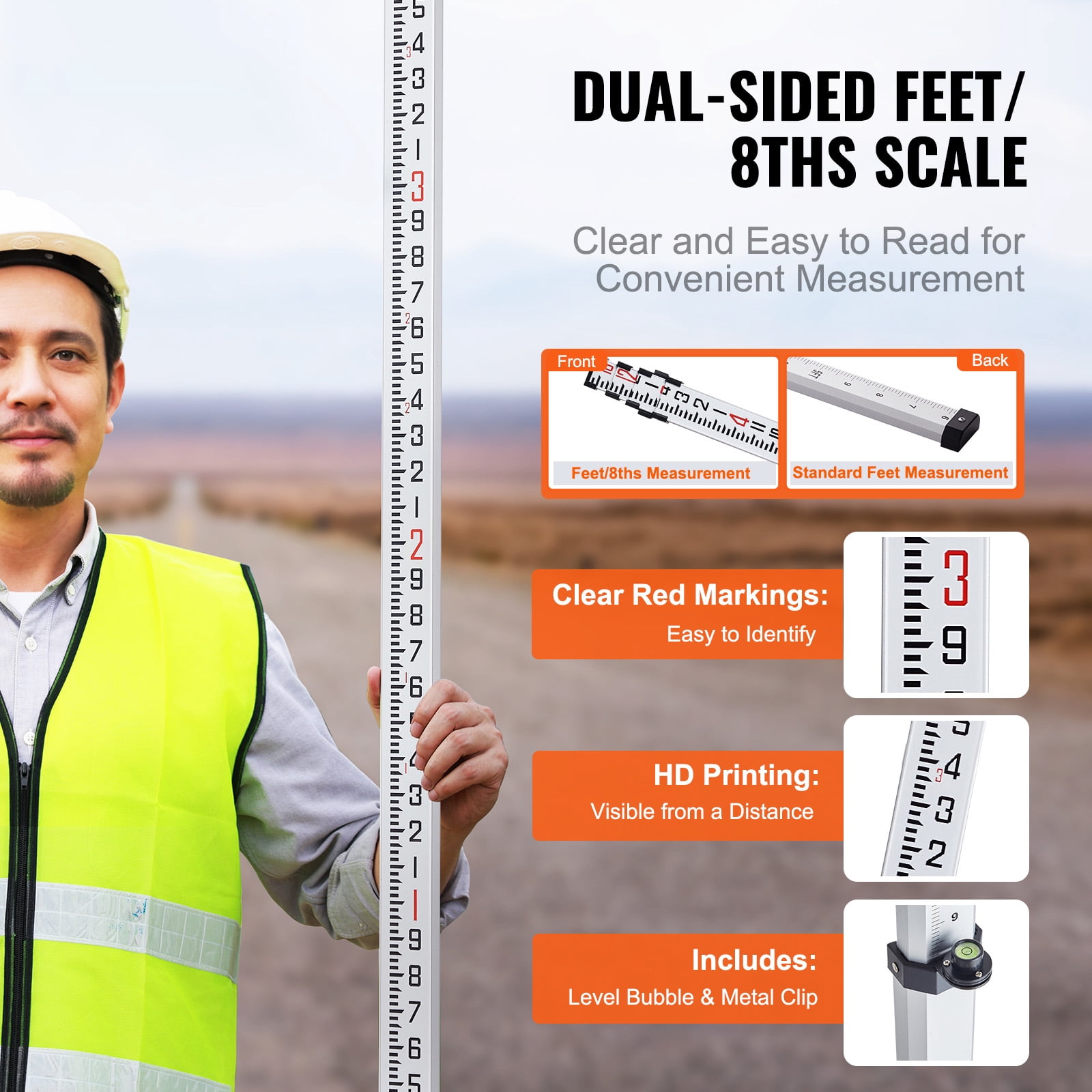 KFFKFF Aluminum Measuring Rod, 16-Ft/8ths, 4-Part Extendable Survey Stick, Dual-Sided 1/8in Scale, Aluminum Construction Level Rod with Bubble Level & Portable Bag for Residential & Commercial Use