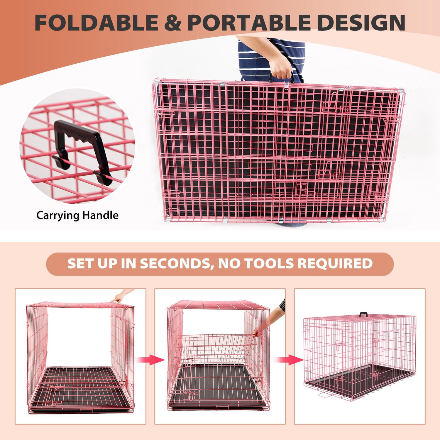 XF XINFENG Dog Crate Kennel for small dogs 30 inches Metal Dog Cage Double-Door Folding Travel Indoor Outdoor Puppy Playpen with Divider,Pink