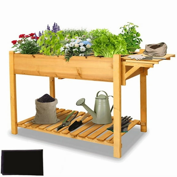 Raised Garden Bed with Legs, Wood Elevated Planter Box, Outdoor Planter Boxes with Storage Shelf Gardening for Backyard Balcony, Vegetable, Herb, Flower