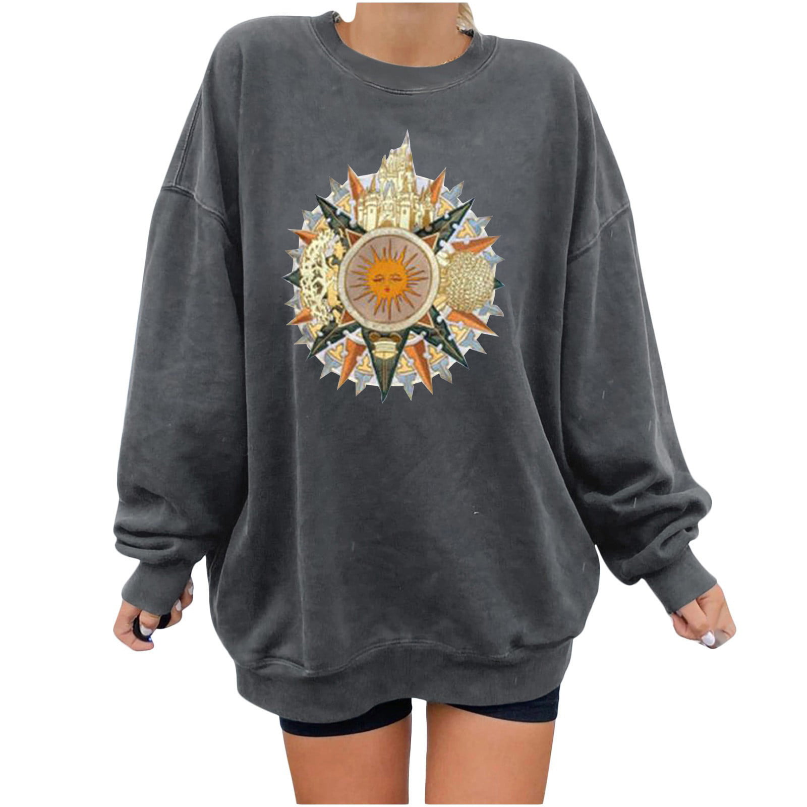 UJGYH Fashion Autumn Flower Print Sweatshirt Women Casual Solid Full Sleeve Stand-Neck Print Loose Blouse 