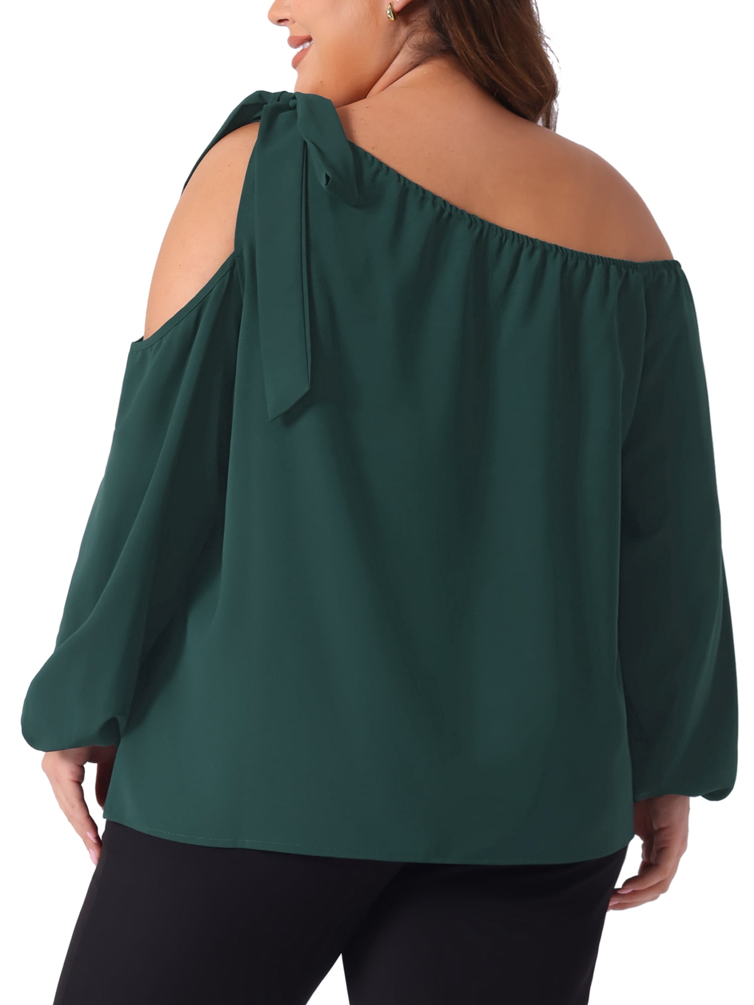DARING DIVA Women's Plus Cold Shoulder Tie Long Sleeve Blouse 3X Dark Green