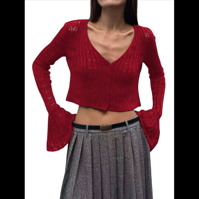 Blusa para Mujer con Cuello en V y Botones Recortados, Cárdigan de Punto con Mangas Largas Acampanadas. Vino Tinto S