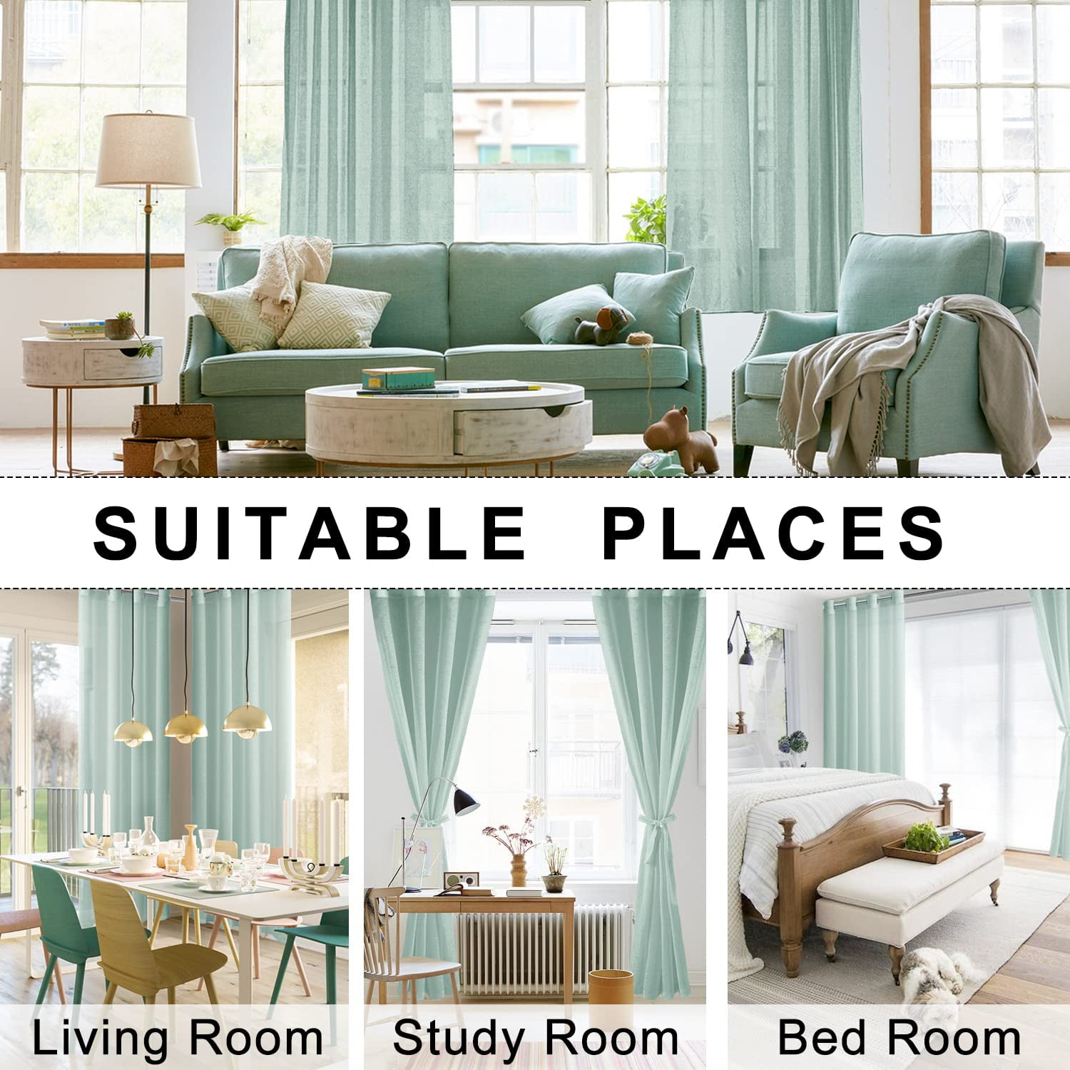 JIUZHEN Semi Sheer Curtains for Living Room - 84 inches Extra Long with Tiebacks Light Filtering Grommet Window Curtains for Bedroom/Office, 42Wx 84L, Set of 2 Panels,Bean Green