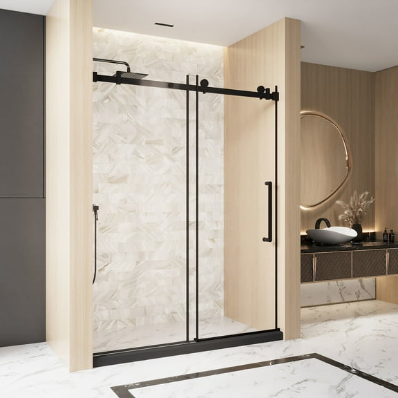 Noble House 60"x76" Frameless Sliding Shower Door, Tempered Glass with Stainless Steel Handle, Matte Black