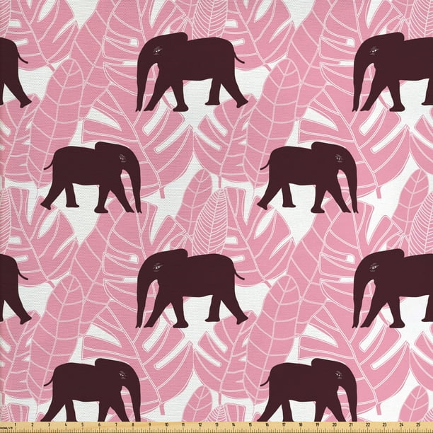 Elephant Fabric by The Yard, Rhythmic Tropical Pink Colored Palm Leaves