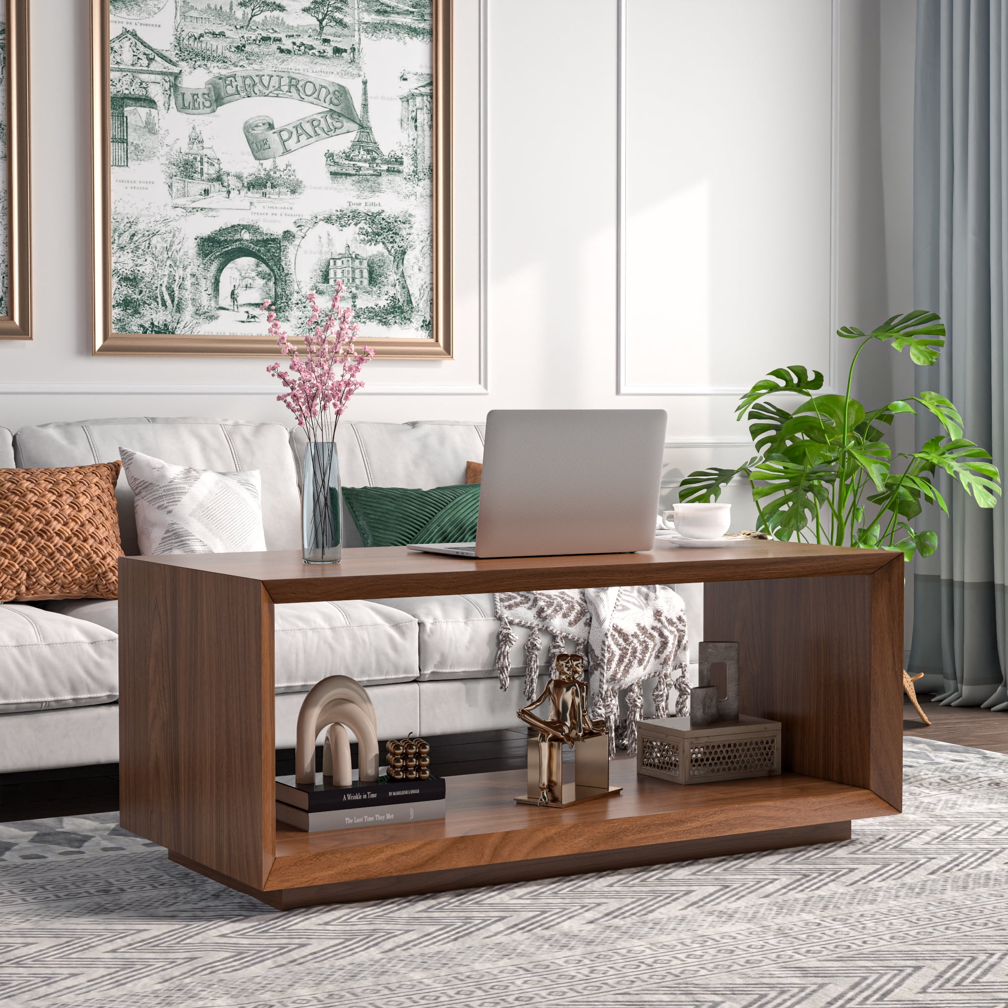 Farmhouse Wood Coffee Table, Rectangle Coffee Table, Simple 2-Tier (Walnut)
