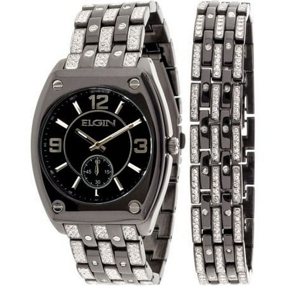 Elgin Adult Male Crystal Accented Ionic Watch and Matching Bracelet, Black (FG9752ST)