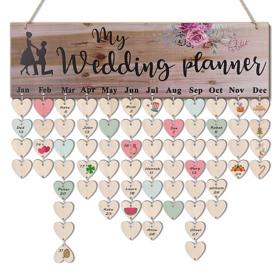Wooden Wedding Planner Event Wall Hanging Calendar, DIY Sign Board, Birthday Reminder Calendar Plaque with 50 Wood Discs Tags Pediments for Church, Home, Engagement, Anniversary, Home Decor