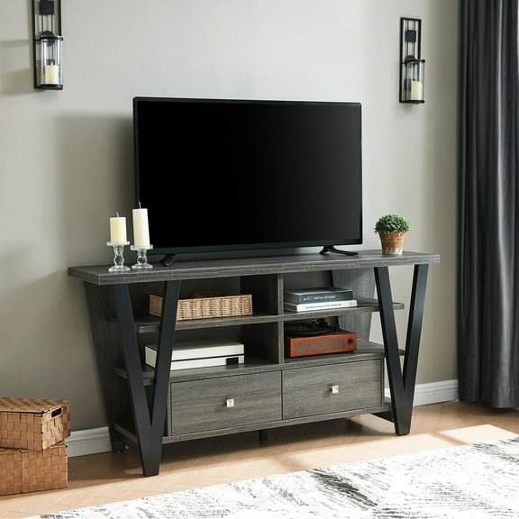 30" Tall Tv Stand, 2 Drawers & Shelf , Grey And Black, 60 - 69 Inch Attaching Stand Ordering