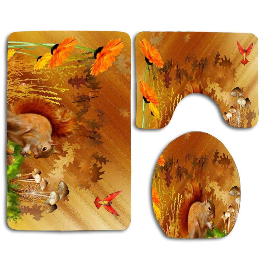 PUDMAD Autumn Squirrel Country 3 Piece Bathroom Rugs Set Bath Rug Contour Mat and Toilet Lid