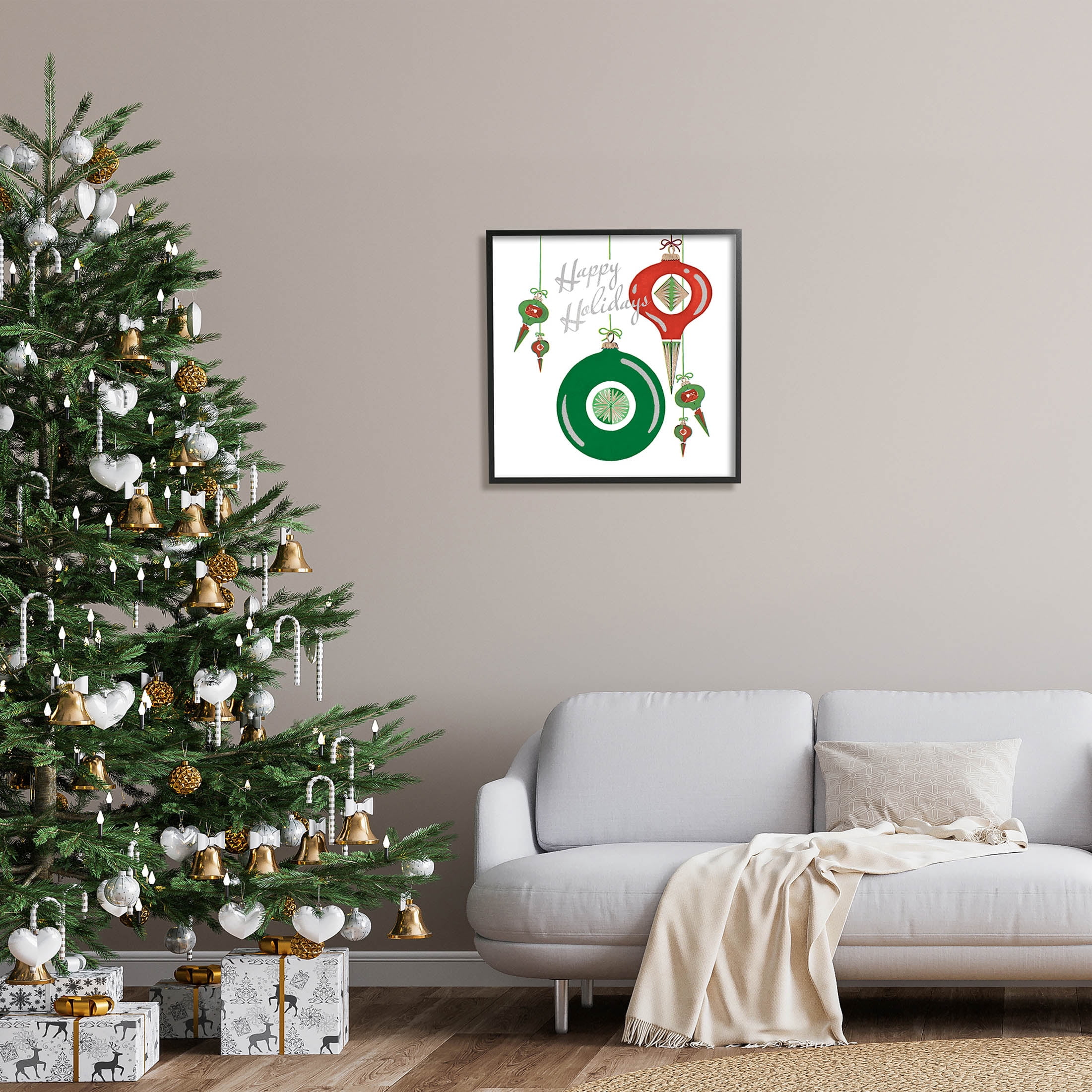 Stupell Industries Seasonal Happy Holidays Ornaments Graphic Art Black Framed Art Print Wall Art, Design by The Saturday Evening Post