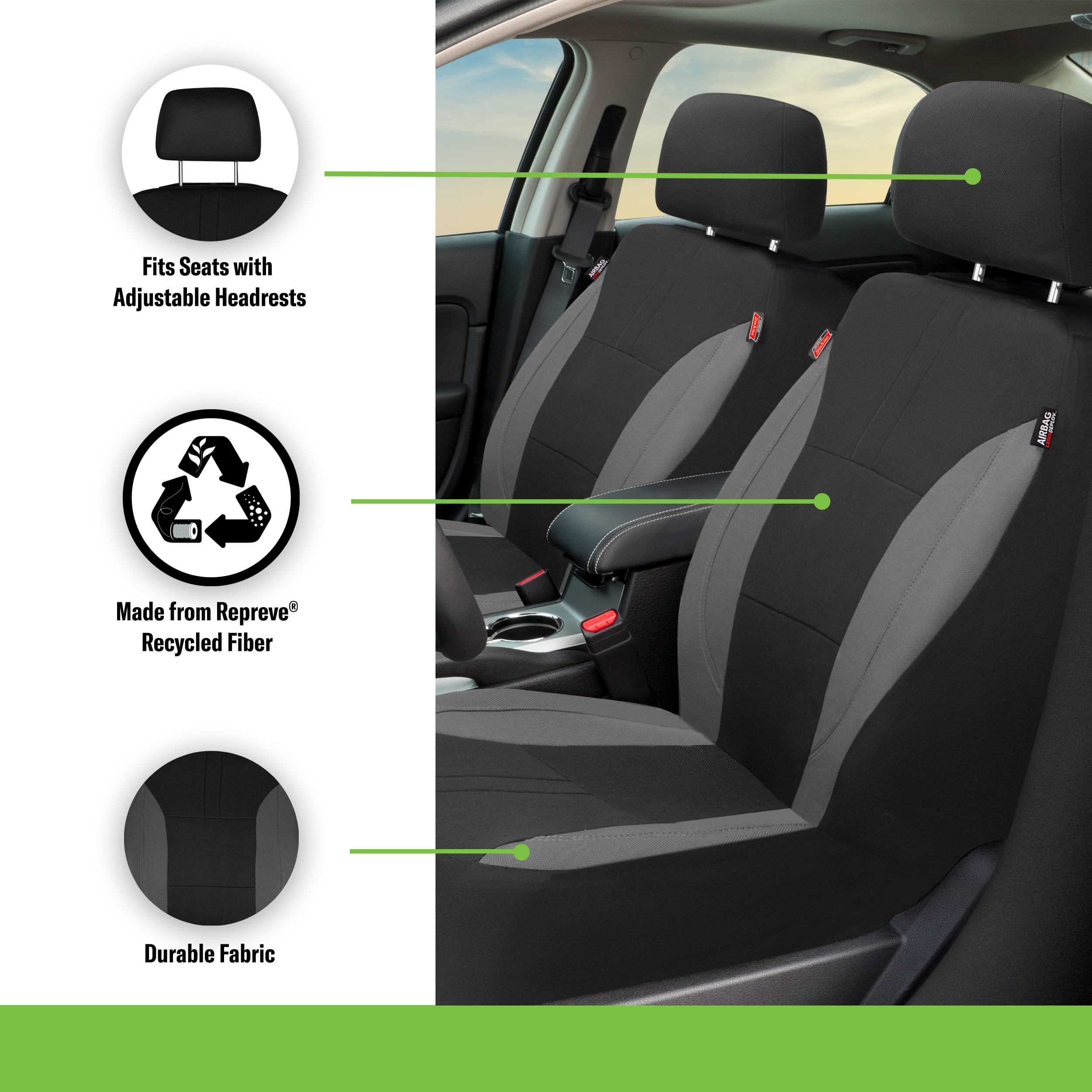 Genuine Dickies 2 Piece Repreve Universal Front Car Seat Covers - Black and Gray, 43163WDI
