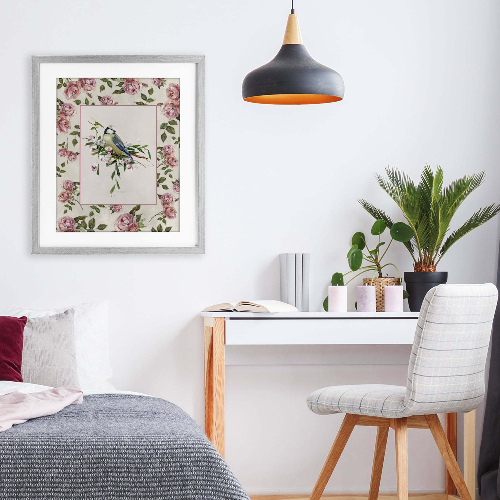 Stupell Industries Dainty Roses & Perched Bird Gray Framed Print Under Glass, design by Sally Swatland