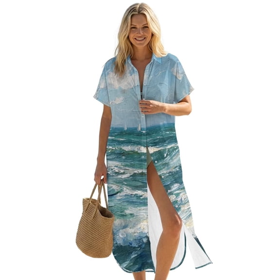 FUIALDOLG Waves Design 2026 Beach Cover Up for Women - Long Button Down Swimsuit Coverup Bathing Suit Shirt Dress Summer Beach Vacation Outfits