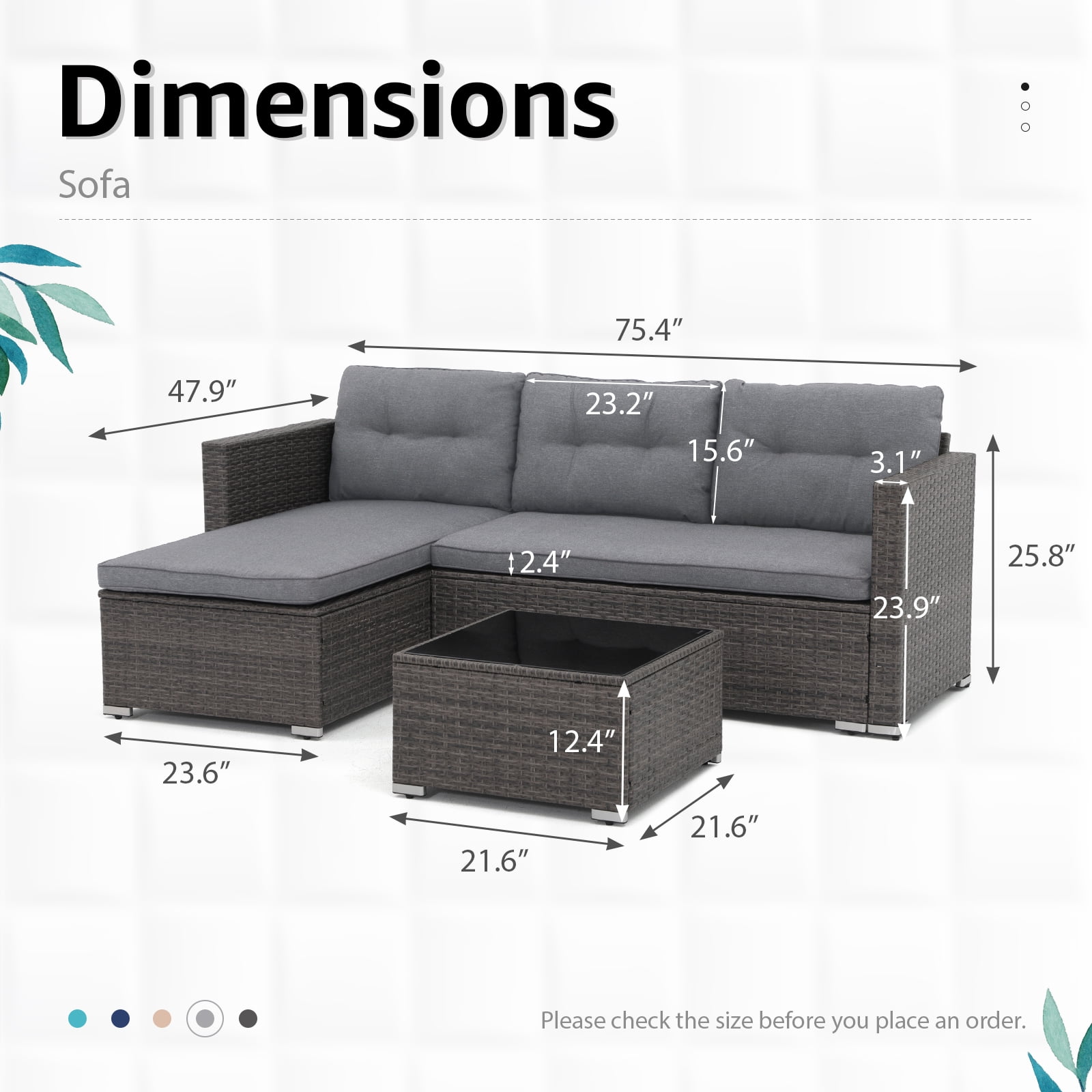 OC Orange-Casual 3-Piece Patio Furniture Set, All-Weather Outdoor Sectional Sofa Set, Wicker Loveseat Lounge Couch with Glass Coffee Table, Gray