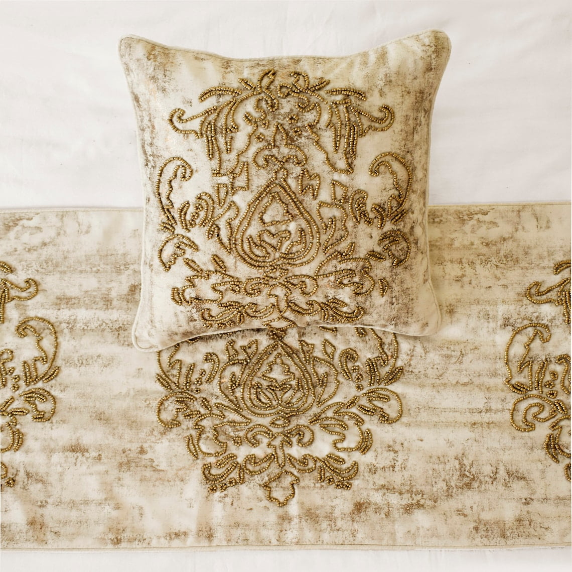 The HomeCentric King / Queen / Twin Ivory & Gold Designer Full 68"x18" Bed Runner WITHOUT Pillow Cover, Beaded & Foil Bed Scarf on Silk fabric - Foil Damask Gold