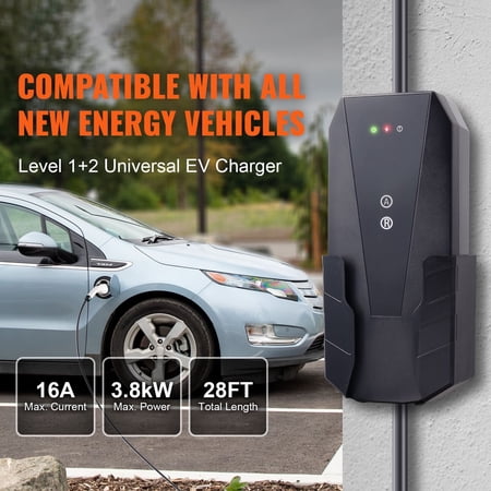 Level 1+2 Portable EV Charger, 16 Amp 120V or 240V, Electric Vehicle Charger with 28-Foot Charging Cable NEMA 6-20P Plug NEMA 5-15 Adapter, Plug-in Home EV Charging Station for SAE J1772 EVs