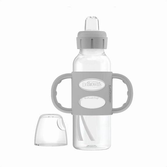 8 oz Milestones Narrow Sippy Bottle, Gray, Toddler Training Cup with Silicone Handles and Soft Spout for 6 Months, Designed for Easy Transition from Bottle to Cup