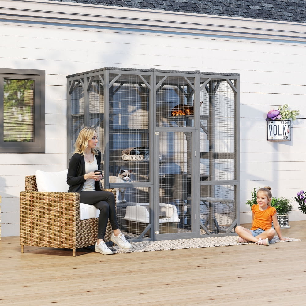 AUU 71" Large Outdoor 3-Tier Cat Enclosure for Multiple Cats, Waterproof Roof, 6 Platforms for Patio Yard Garden