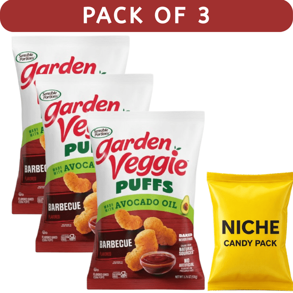 Sensible Portions Garden Veggie Puffs BBQ with Avocado Oil – 3.75 oz (3 Pack)   Free Candy Pack Included