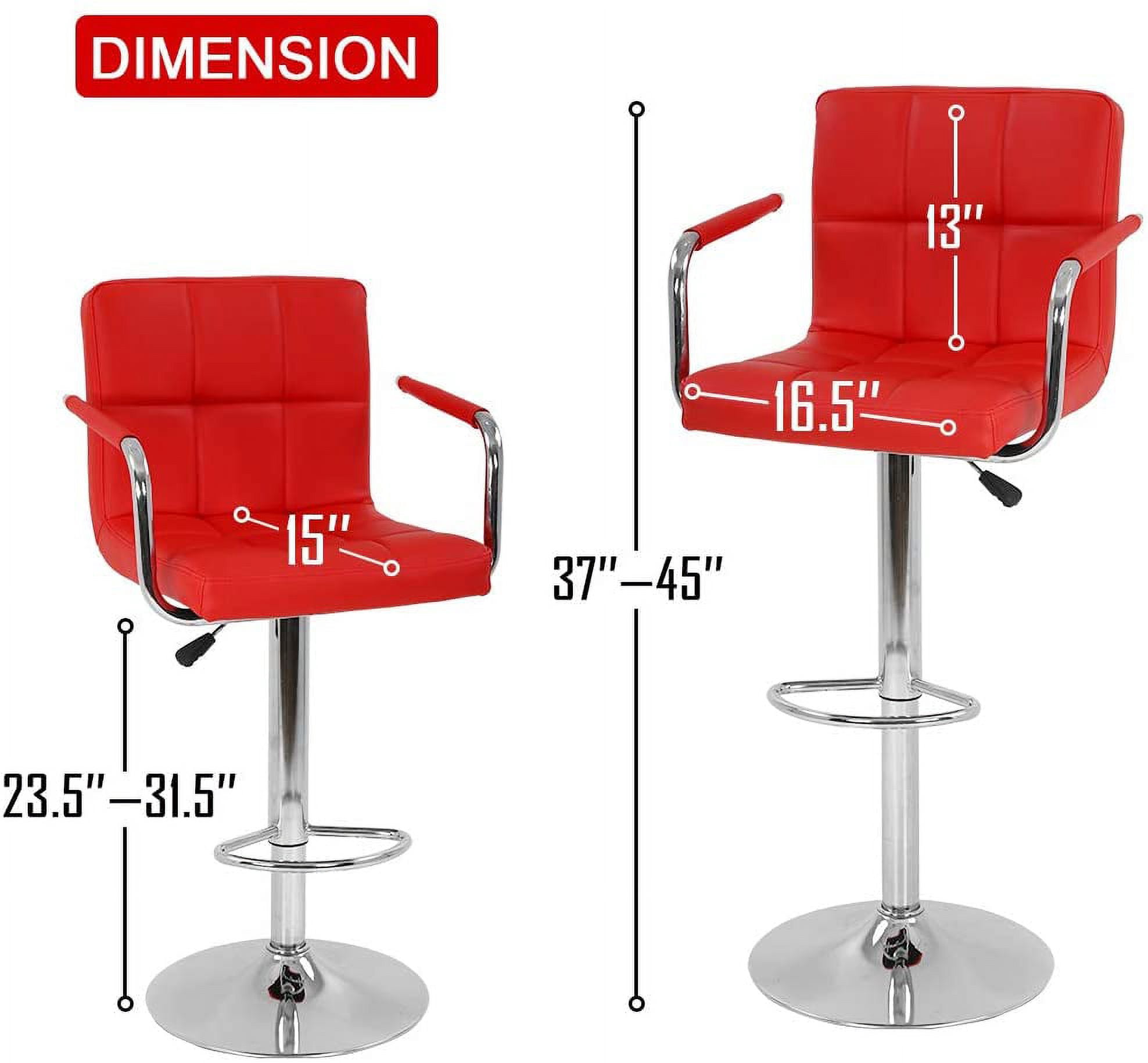 Set of 2 PU Leather Bar Stools Armrest Counter Stools Swivel Square Counter Height Barstools with Armrest Adjustable Hydraulic Bar Chairs with Upholstered Back & Seat, Red