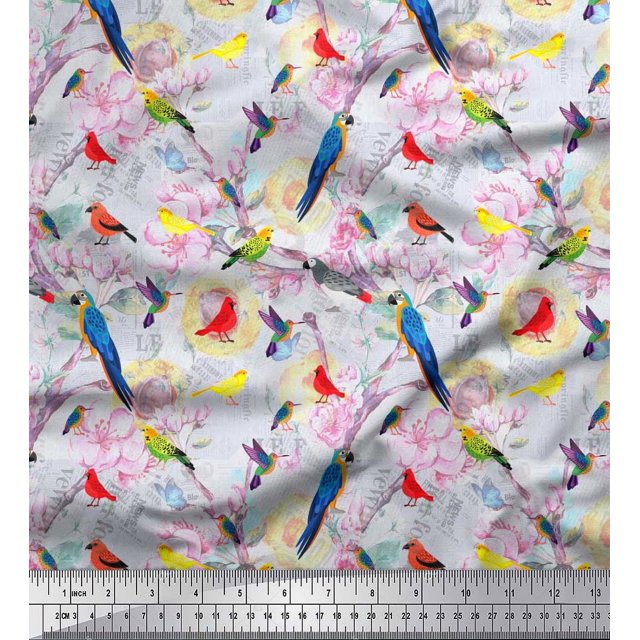 Soimoi Blue Poly Georgette Fabric Floral,Parrot & Hummingbird Bird Printed Craft Fabric by The Yard 42 Inch Wide