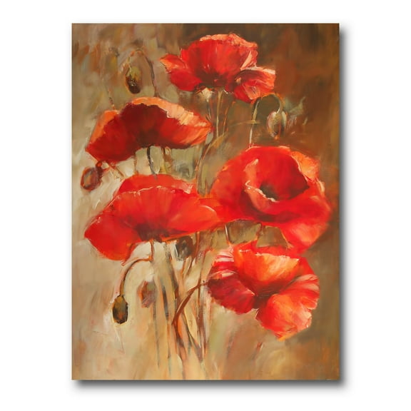 Designart ' Red Blossoming Poppies Over Wild Brown II ' Traditional Canvas Wall Art Print