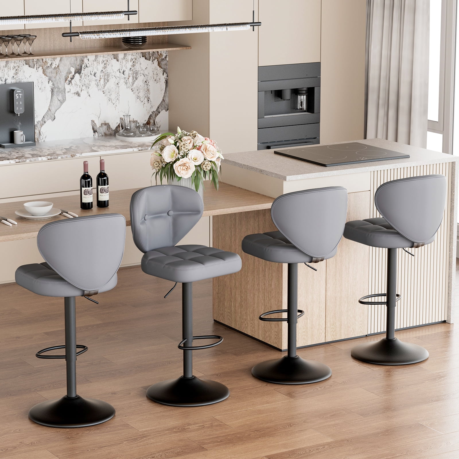 Hawsaiy Vintage Style Leather Bar Stool Set of 4 with Button-Tufted Design,Dark Gray