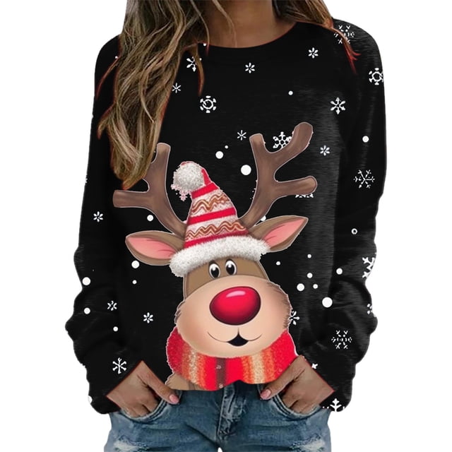HNMKIU Chandail en Molleton Col Rond Femme Joyeux Noël Imprimé Col Rond Chandail Manches Longues Décontracté
