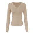 thumbnail image 5 of vigerkar Womens Long Sleeve Shirts V-Neck Rib Knit Slim Fit Tops Casual Stretch Basic Tee Going Out Top Fall Fashion (Khaki, M), 5 of 6