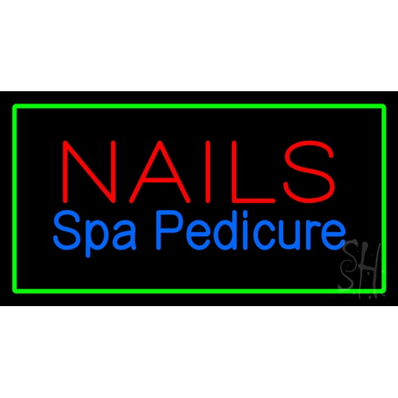 Nails Spa Pedicure Green Border LED Neon Sign 20 x 37 - inches, Black Square Cut Acrylic Backing, with Dimmer - Bright and Premium built indoor LED Neon Sign for Spa interior decor and storefront.