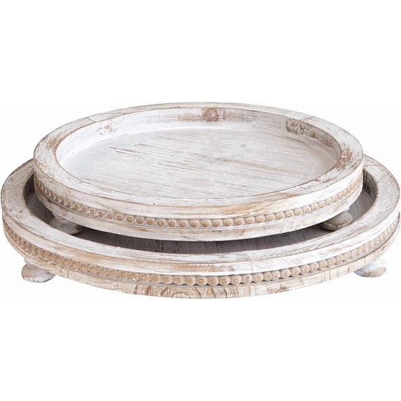 MODE HOME 2-Piece Whitewashed Wooden Serving Tray Set, Beaded Design, Farmhouse Decor for Living Room, Coffee Table & Ottoman Tray