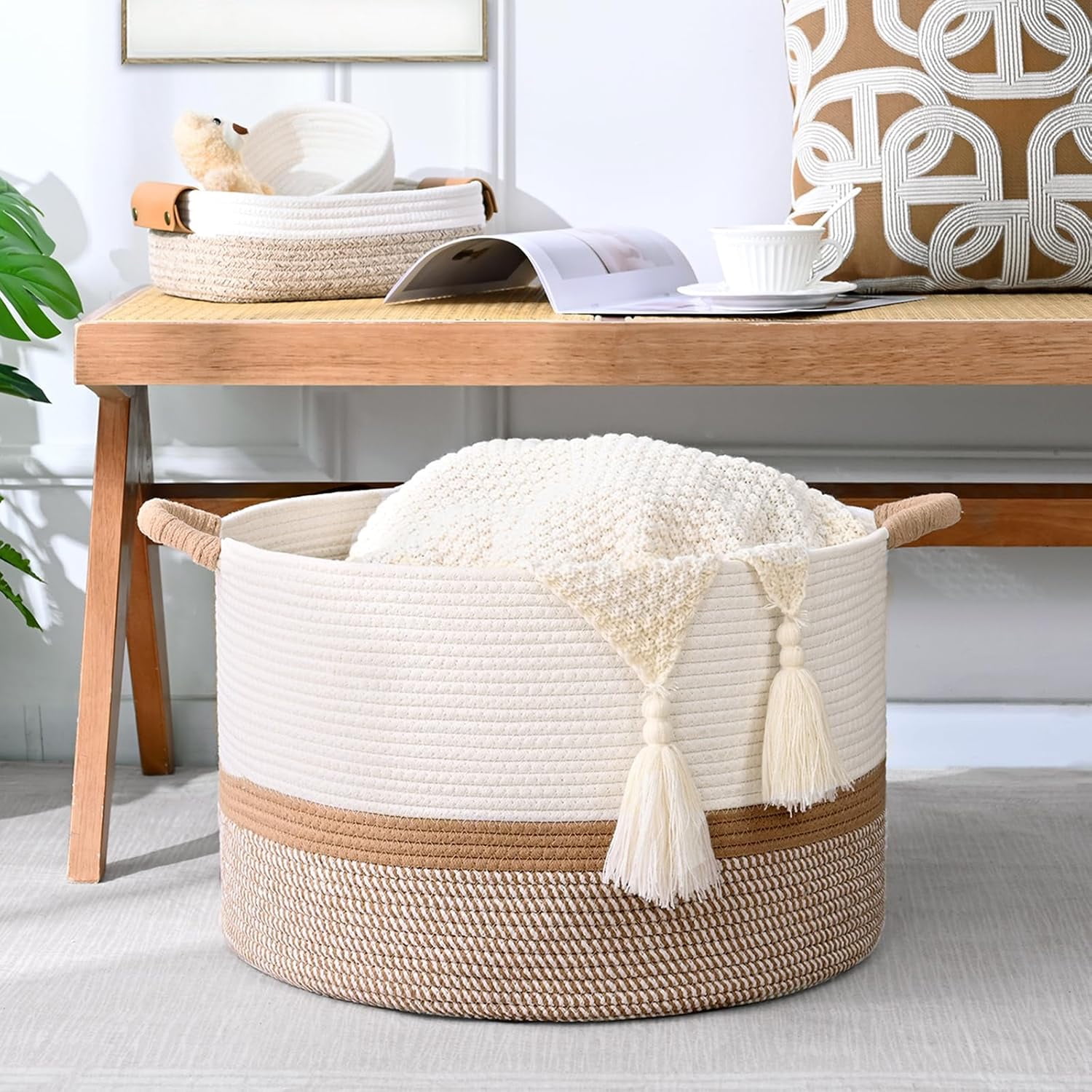Natubeau Cotton Rope Woven Storage Baskets, 65L Large Round Laundry Hampers Blanket Basket Clothes Basket, 20"W x 13"H Storage Baskets With Handle