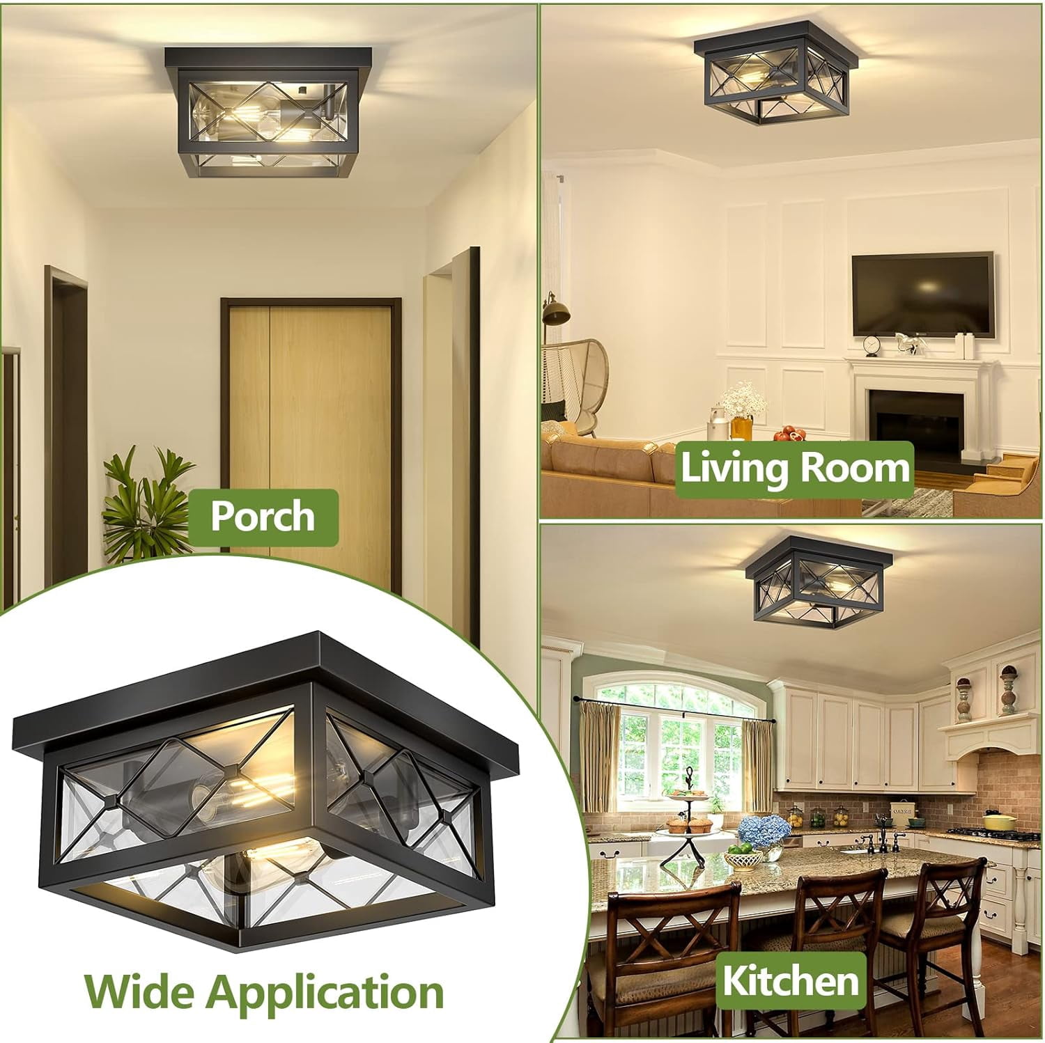 Farmhouse Light Fixtures Ceiling Mount 2-Light Black Flush Mount Ceiling Light with Clear Glass Shade Metal Cage Square Ceiling Lamp for Bathroom Kitchen Porch (Bulbs Not Included)