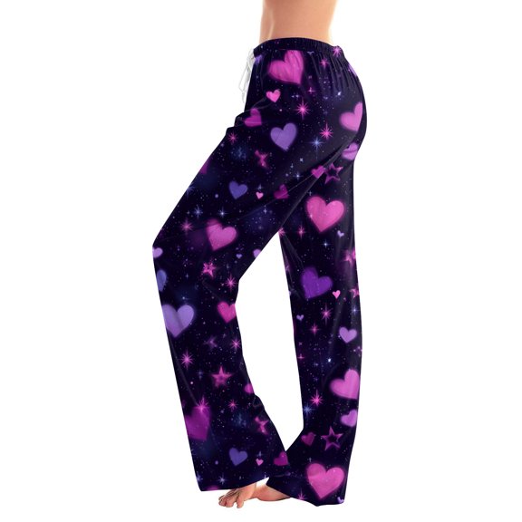 Fgvctg Womens Valentine's Day Pajamas Trendy Heart Print Wide Leg Pajamas Sleepwear High Waisted Pjs Pant Stretch Spring Fall Drawstring Lounge Pants with Pockets Dark Purple 2XL