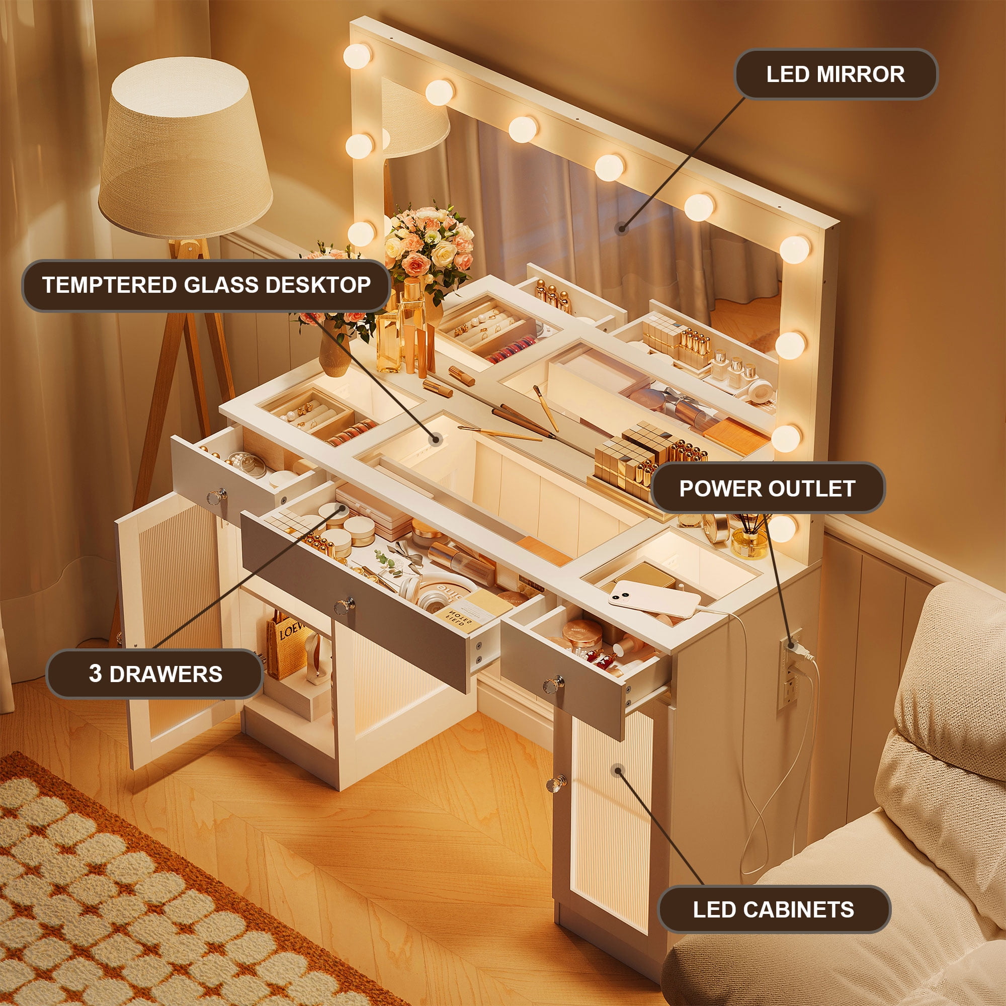 ABOVOBA Makeup Vanity Desk with Large Mirror and Lights,Big Vanity with Power Outlet for Women,White