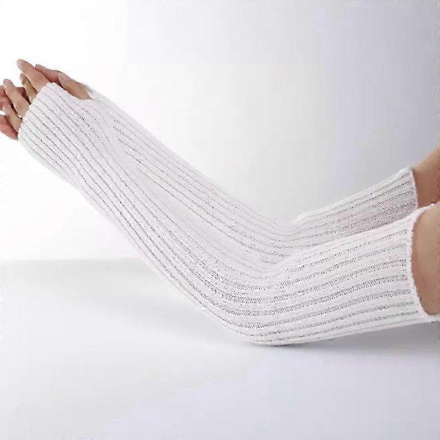 Calentadores de brazos de invierno para mujer, mangas largas de punto sin dedos con orificio para el pulgar en color blanco