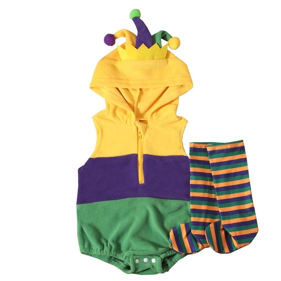 Kids Hooded Jester Romper Set – Sleeveless Zipper Onesie with Matching Socks, Yellow Purple Green Striped Outfit, 0-3 to 12-18 Months,Size 12 Months