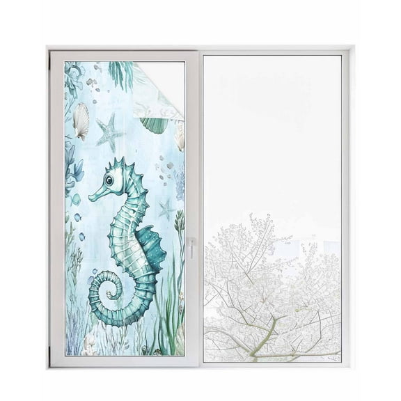 Window Privacy Film Coastal Seahorse Stained Glass Window Film Decorative Sun Block Window Cover Ocean Nautical Starfish Seashells Coral Window Clings Static Adhesive Sticker for Bathroom 29.5"x78.7"
