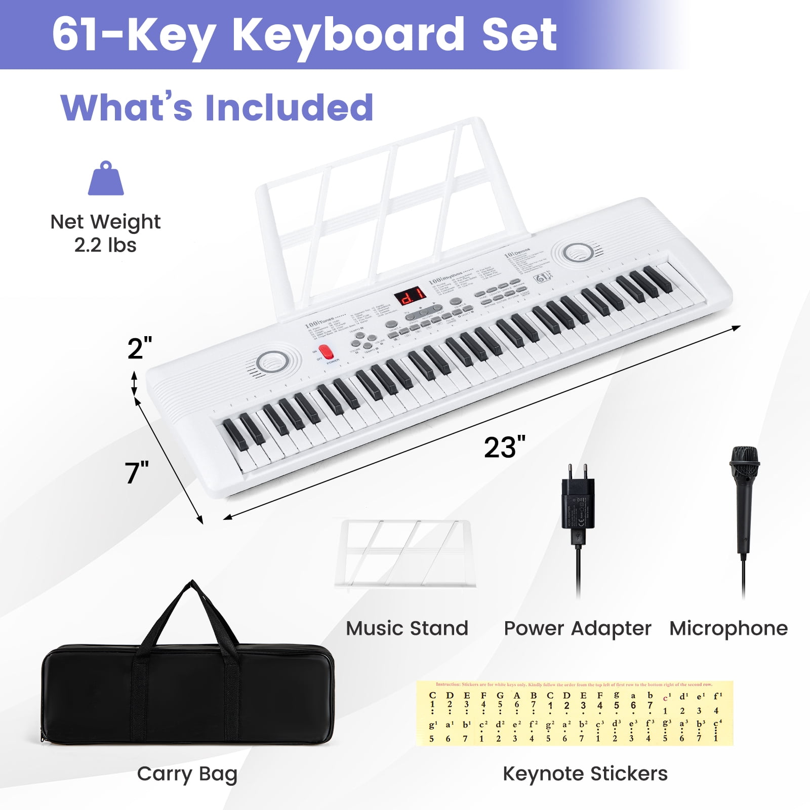 Costway 61Key Keyboard Piano for Beginners,Electric Portable Digital Piano with Music Stand White